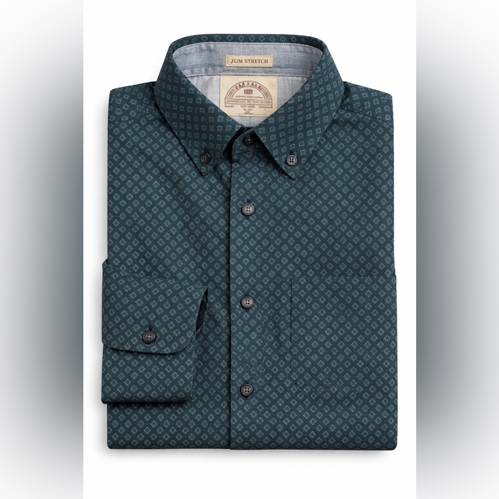 FatFace Slim Stretch Forest Green Printed Button Down Shirt Size Large